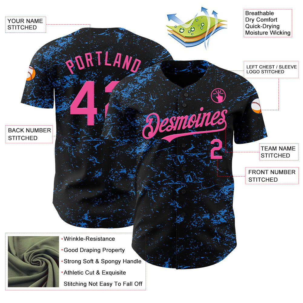 Custom Black Pink-Electric Blue 3D Pattern Design Abstract Splatter Texture Authentic Baseball Jersey