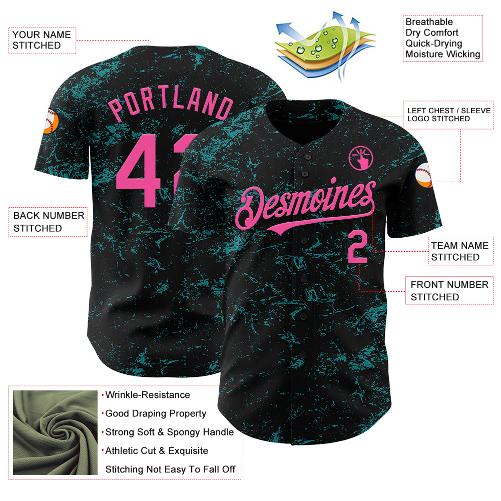 Custom Black Pink-Teal 3D Pattern Design Abstract Splatter Texture Authentic Baseball Jersey