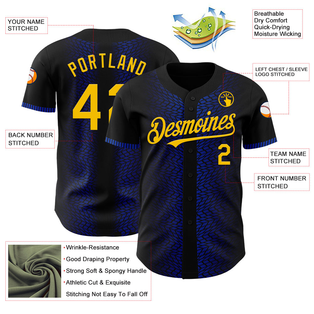 Custom Black Yellow-Thunder Blue 3D Pattern Design Geometric Shapes Authentic Baseball Jersey