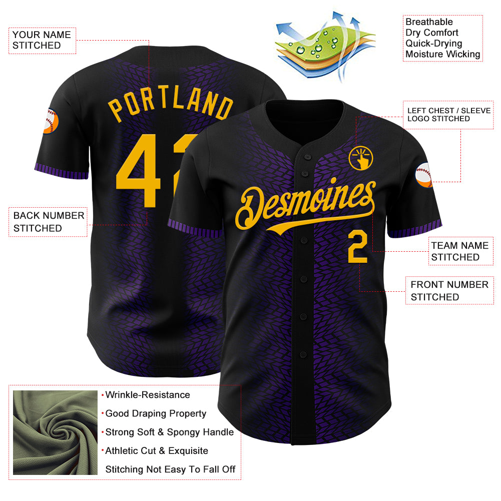 Custom Black Gold-Purple 3D Pattern Design Geometric Shapes Authentic Baseball Jersey