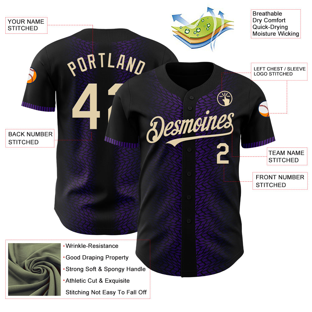 Custom Black Cream-Purple 3D Pattern Design Geometric Shapes Authentic Baseball Jersey