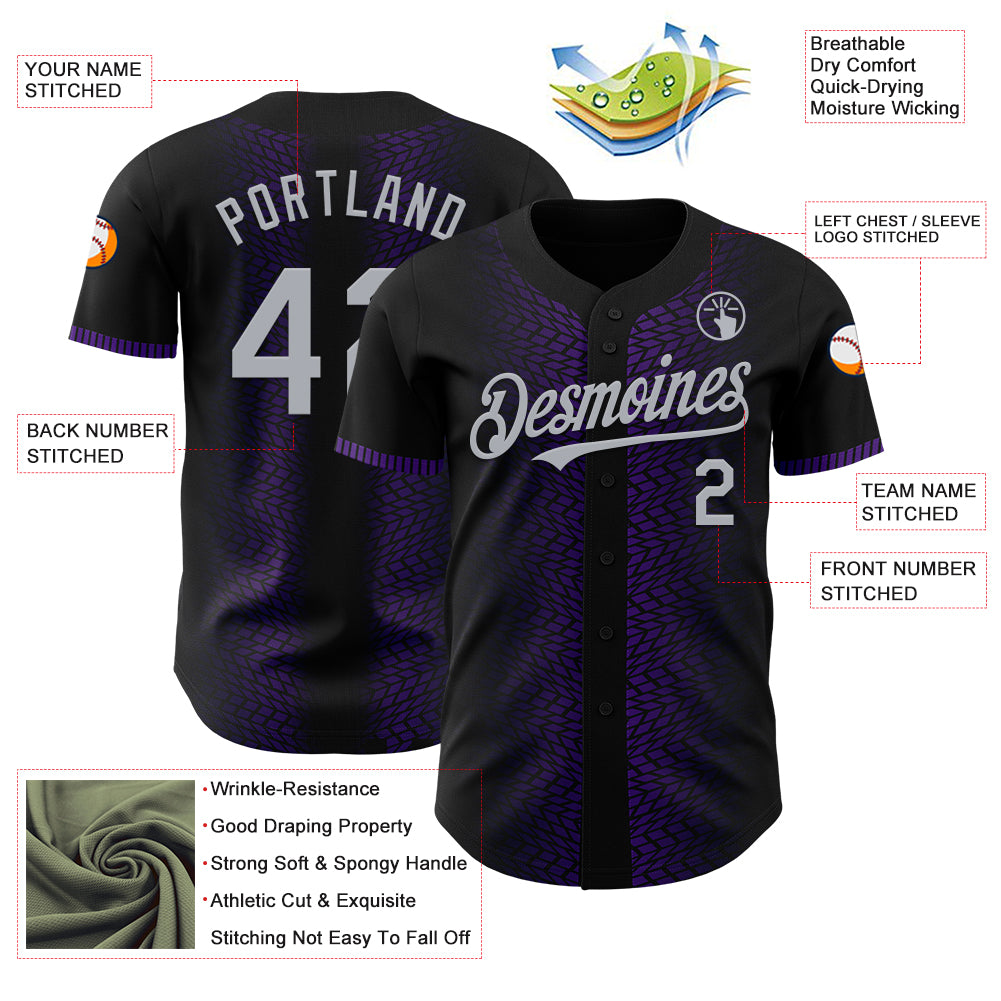 Custom Black Gray-Purple 3D Pattern Design Geometric Shapes Authentic Baseball Jersey