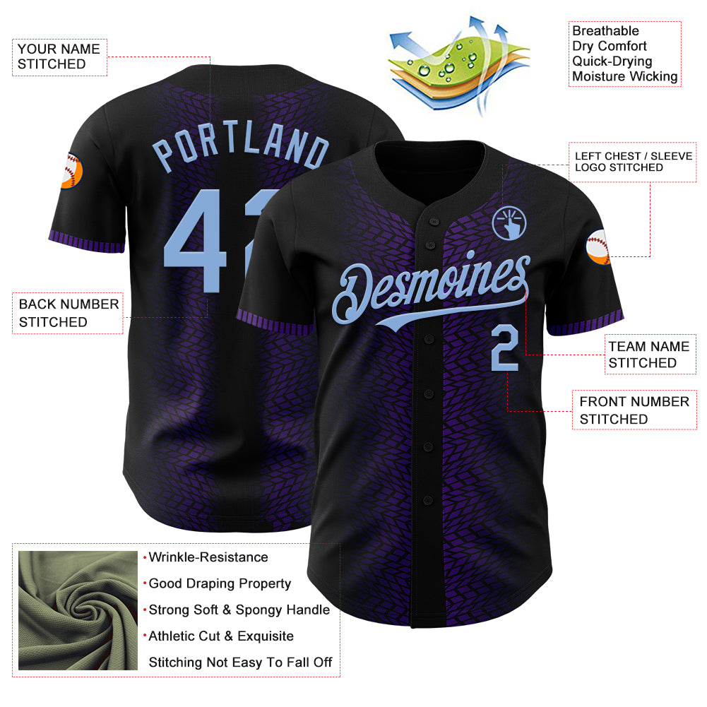 Custom Black Light Blue-Purple 3D Pattern Design Geometric Shapes Authentic Baseball Jersey