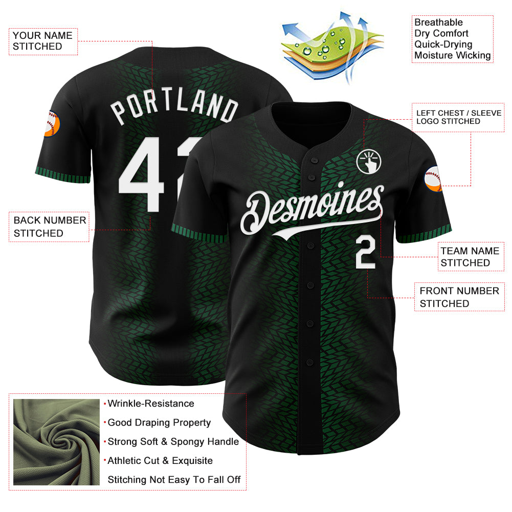 Custom Black White-Kelly Green 3D Pattern Design Geometric Shapes Authentic Baseball Jersey