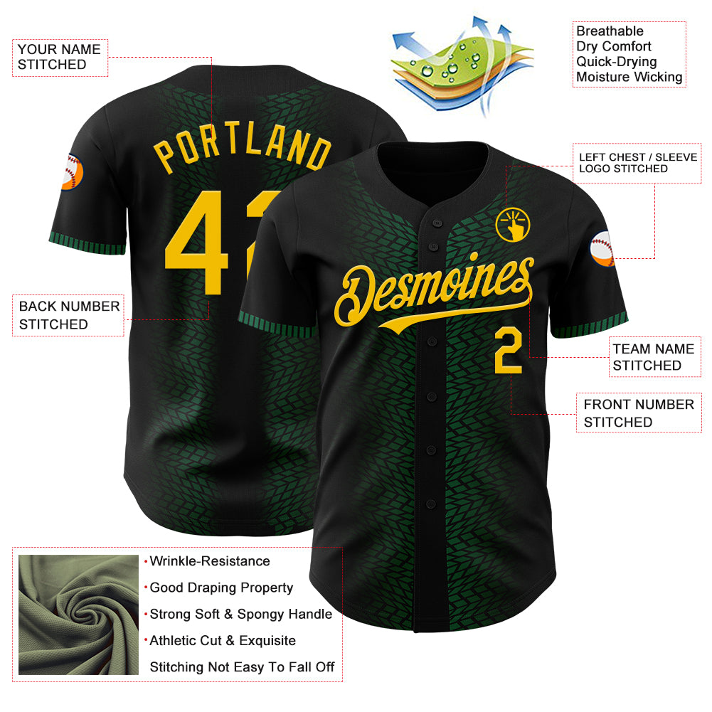 Custom Black Yellow-Kelly Green 3D Pattern Design Geometric Shapes Authentic Baseball Jersey