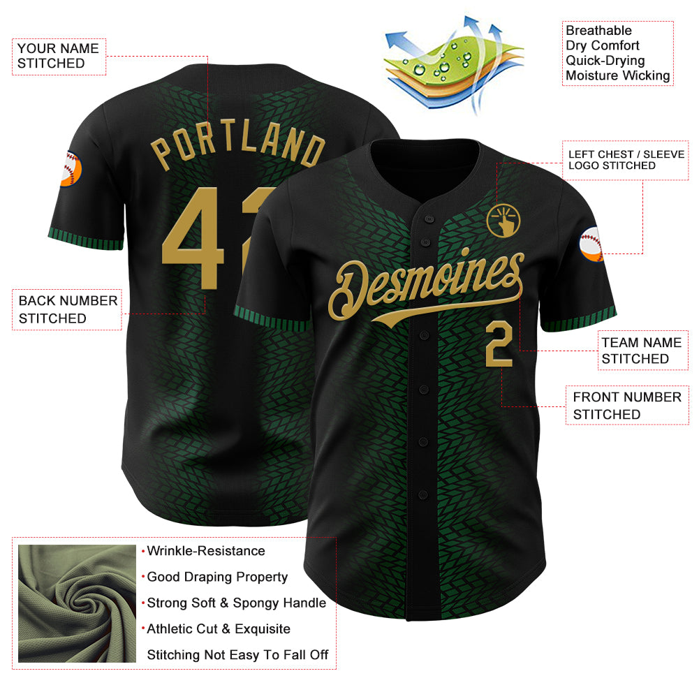 Custom Black Old Gold-Kelly Green 3D Pattern Design Geometric Shapes Authentic Baseball Jersey