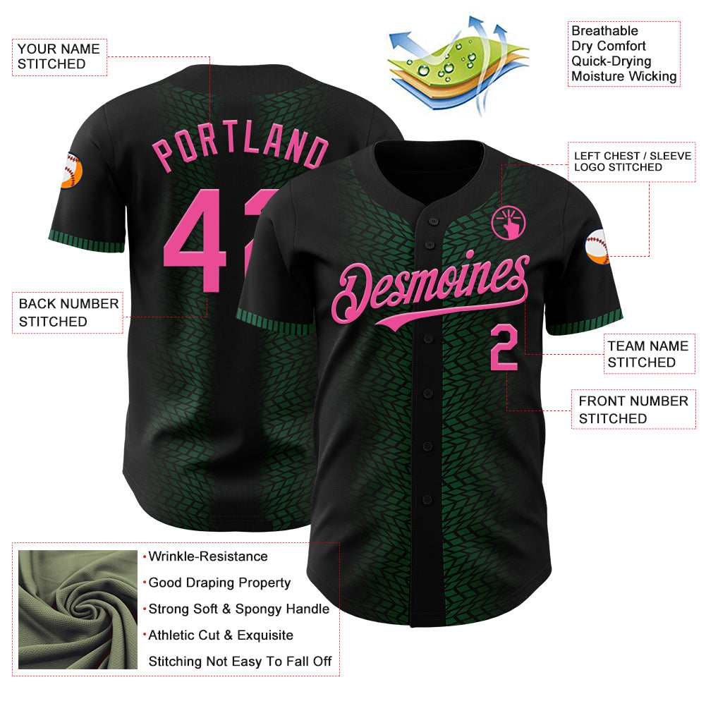 Custom Black Pink-Kelly Green 3D Pattern Design Geometric Shapes Authentic Baseball Jersey
