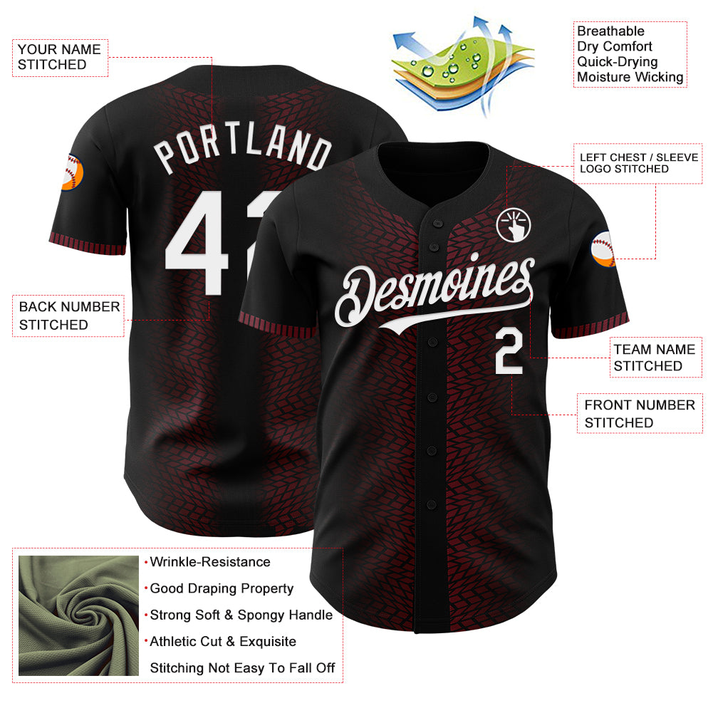 Custom Black White-Burgundy 3D Pattern Design Geometric Shapes Authentic Baseball Jersey