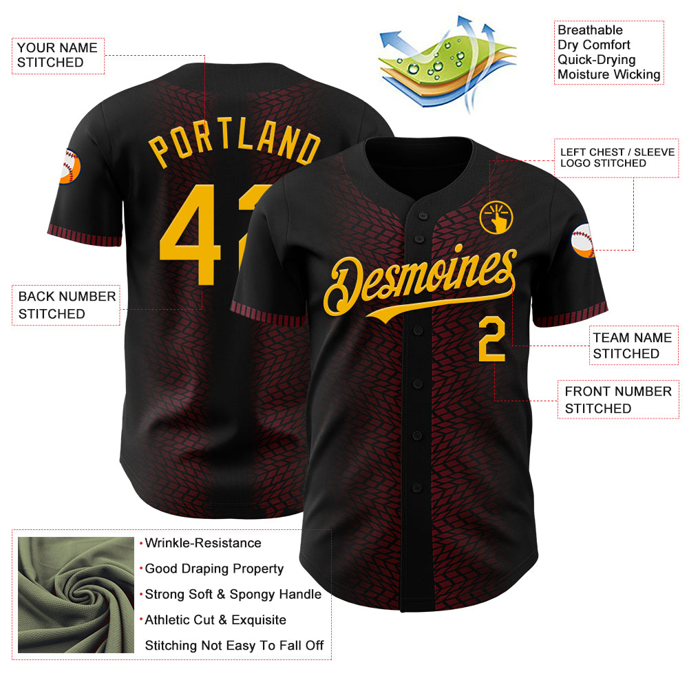 Custom Black Gold-Burgundy 3D Pattern Design Geometric Shapes Authentic Baseball Jersey