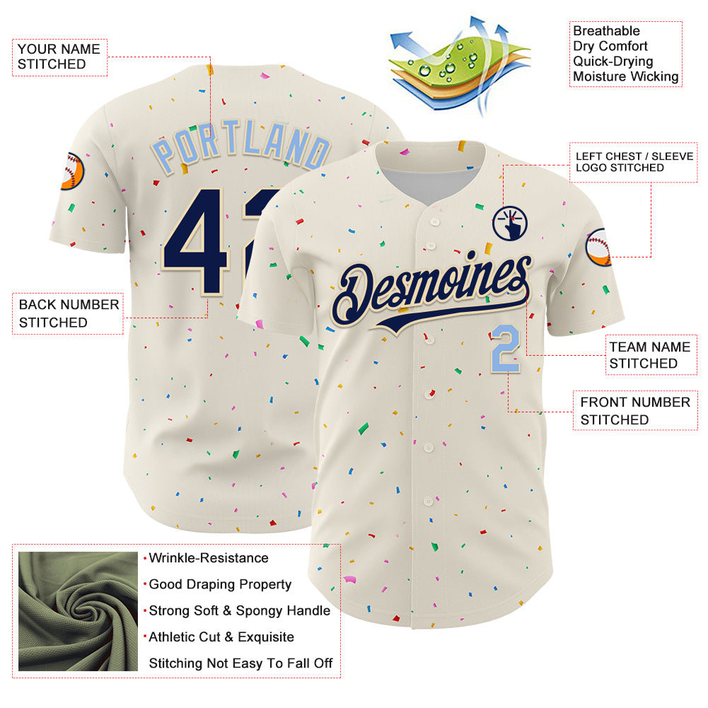 Custom Cream Navy-Light Blue 3D Pattern Design Confetti Authentic Baseball Jersey