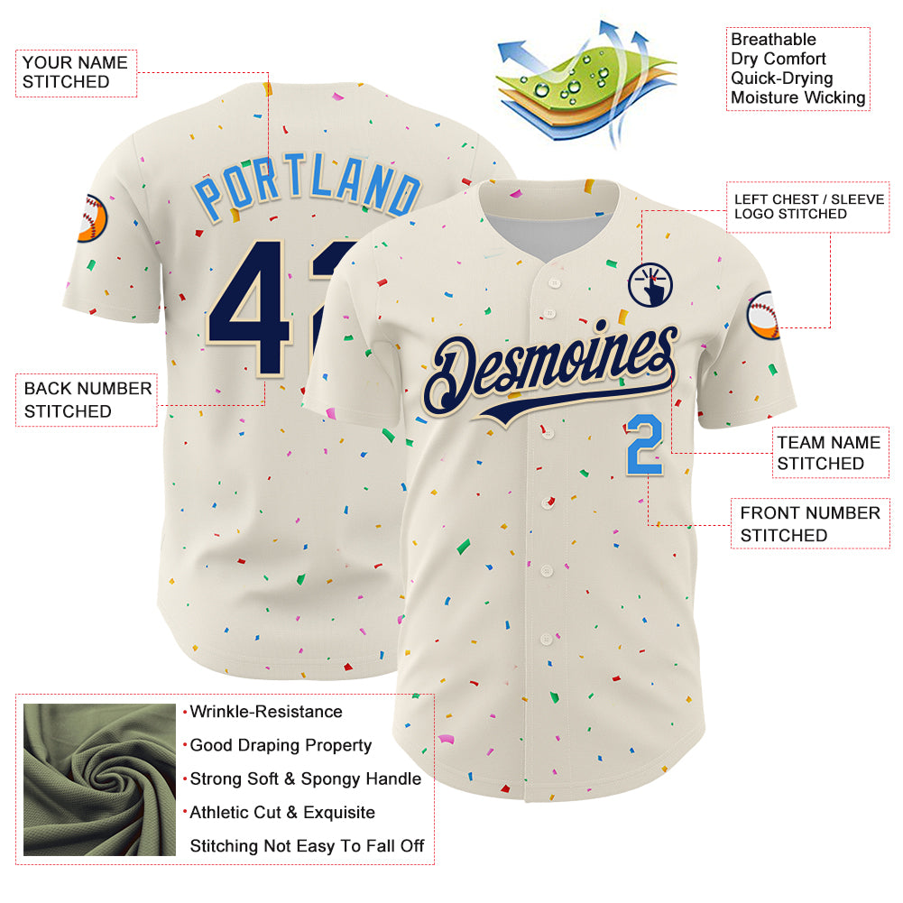 Custom Cream Navy-Electric Blue 3D Pattern Design Confetti Authentic Baseball Jersey