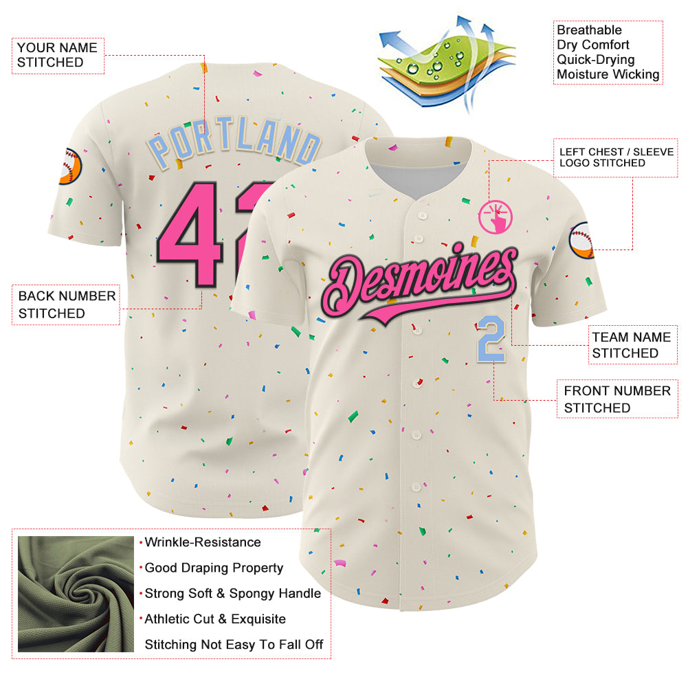 Custom Cream Pink Black-Light Blue 3D Pattern Design Confetti Authentic Baseball Jersey