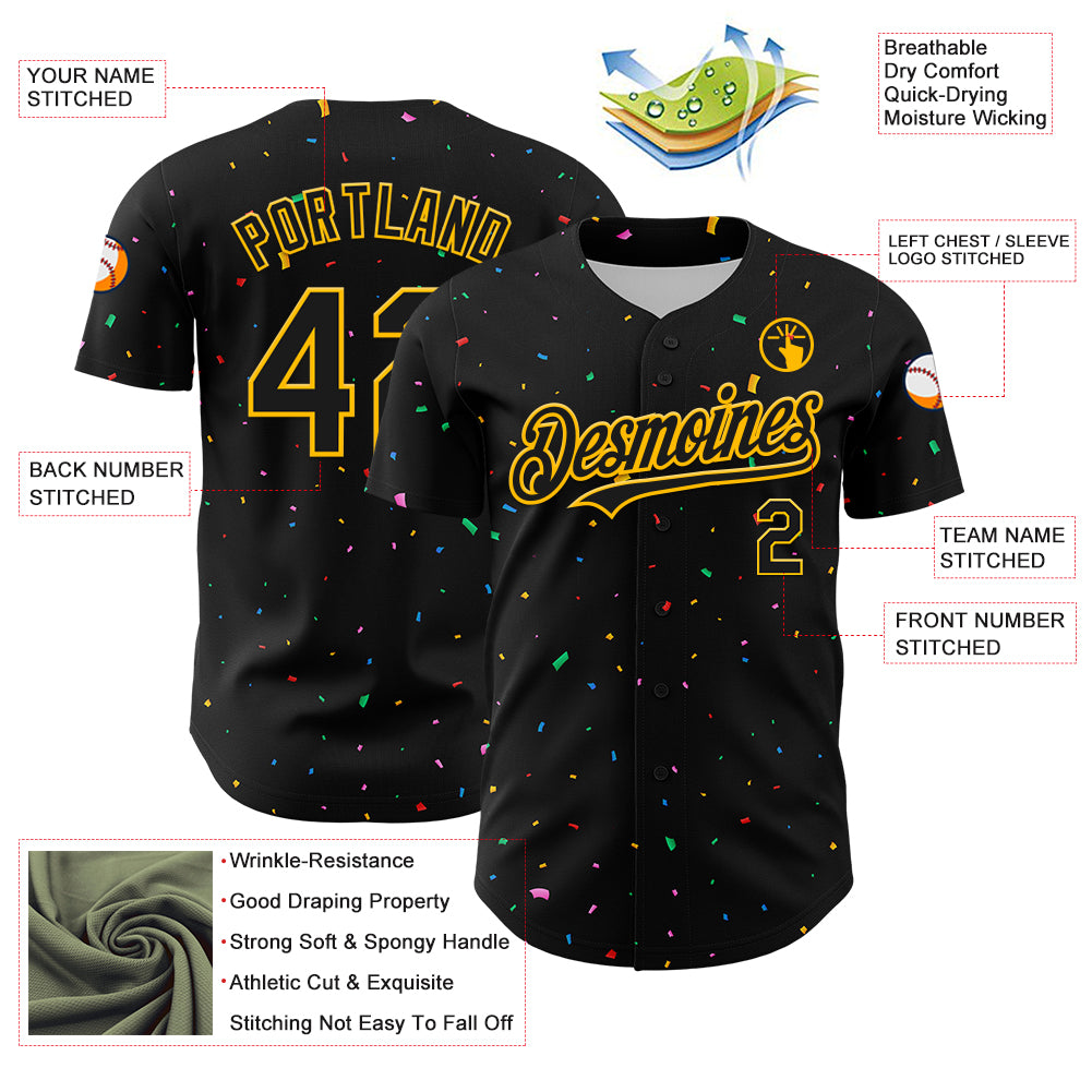 Custom Black Gold 3D Pattern Design Confetti Authentic Baseball Jersey