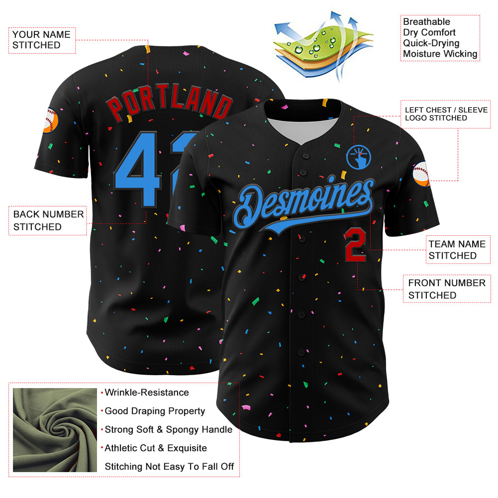 Custom Black Electric Blue-Red 3D Pattern Design Confetti Authentic Baseball Jersey