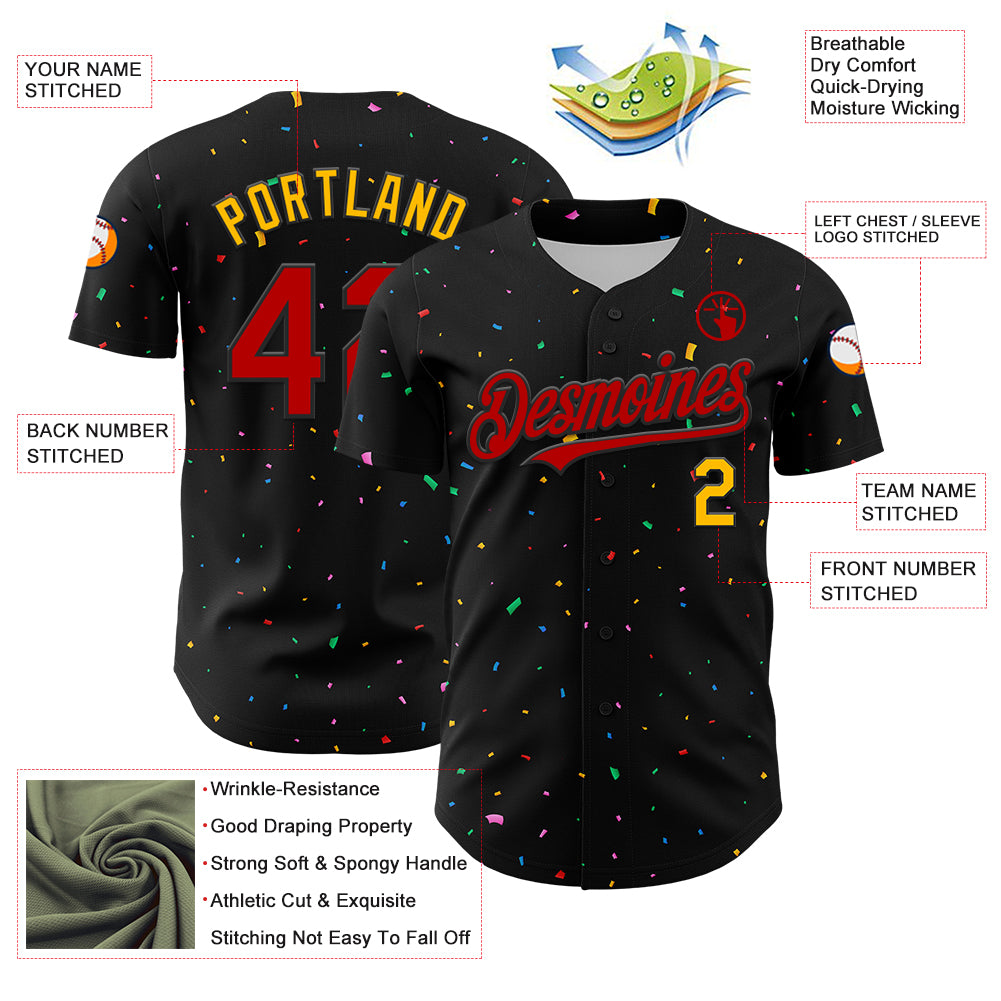 Custom Black Red-Gold 3D Pattern Design Confetti Authentic Baseball Jersey