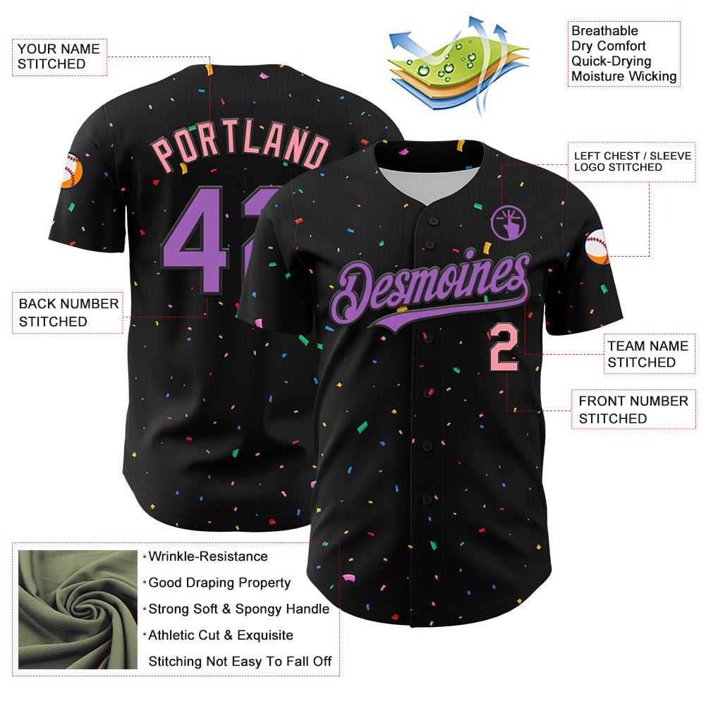 Custom Black Medium Purple-Medium Pink 3D Pattern Design Confetti Authentic Baseball Jersey