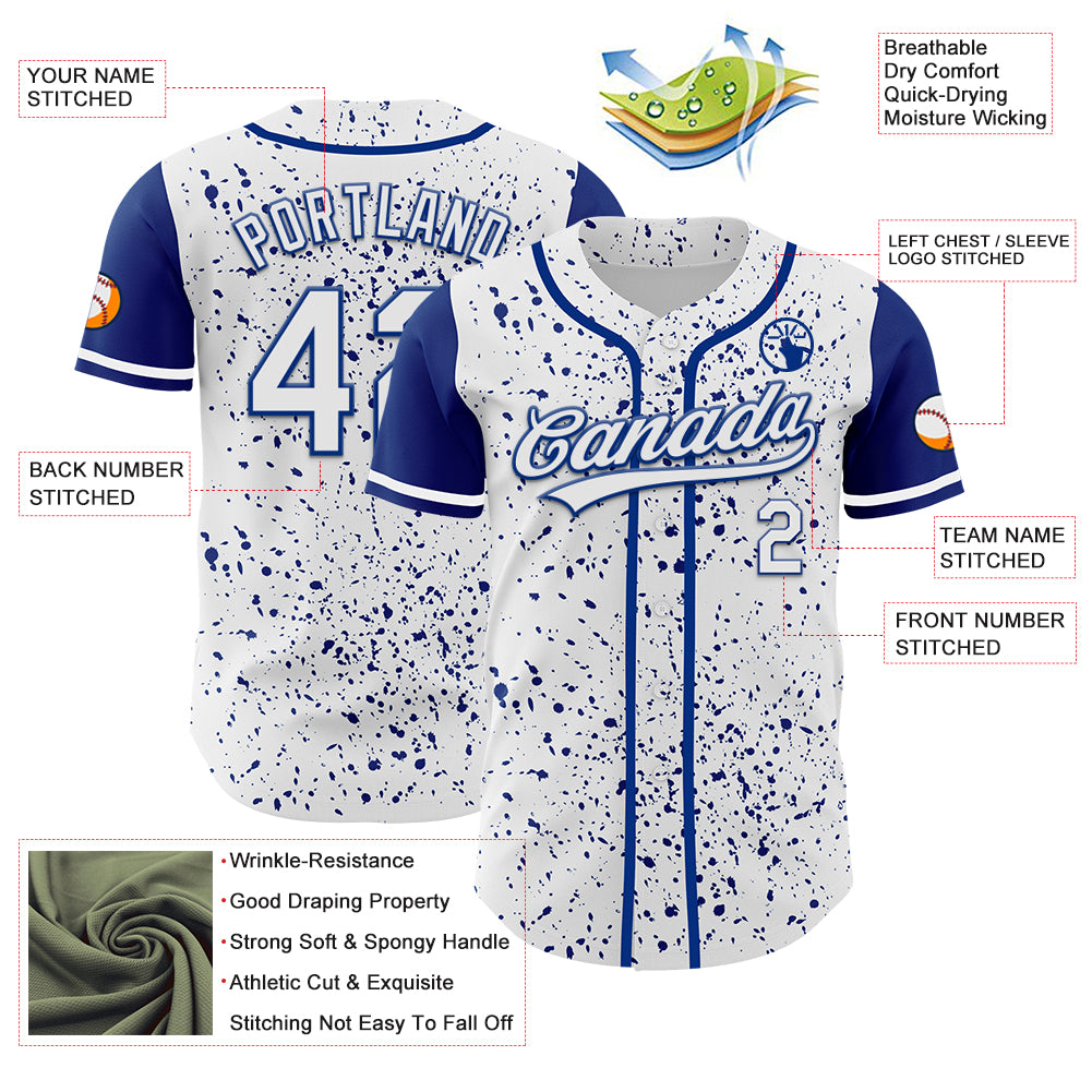 Custom White Royal 3D Pattern Design Abstract Splatter Ink Authentic Baseball Jersey