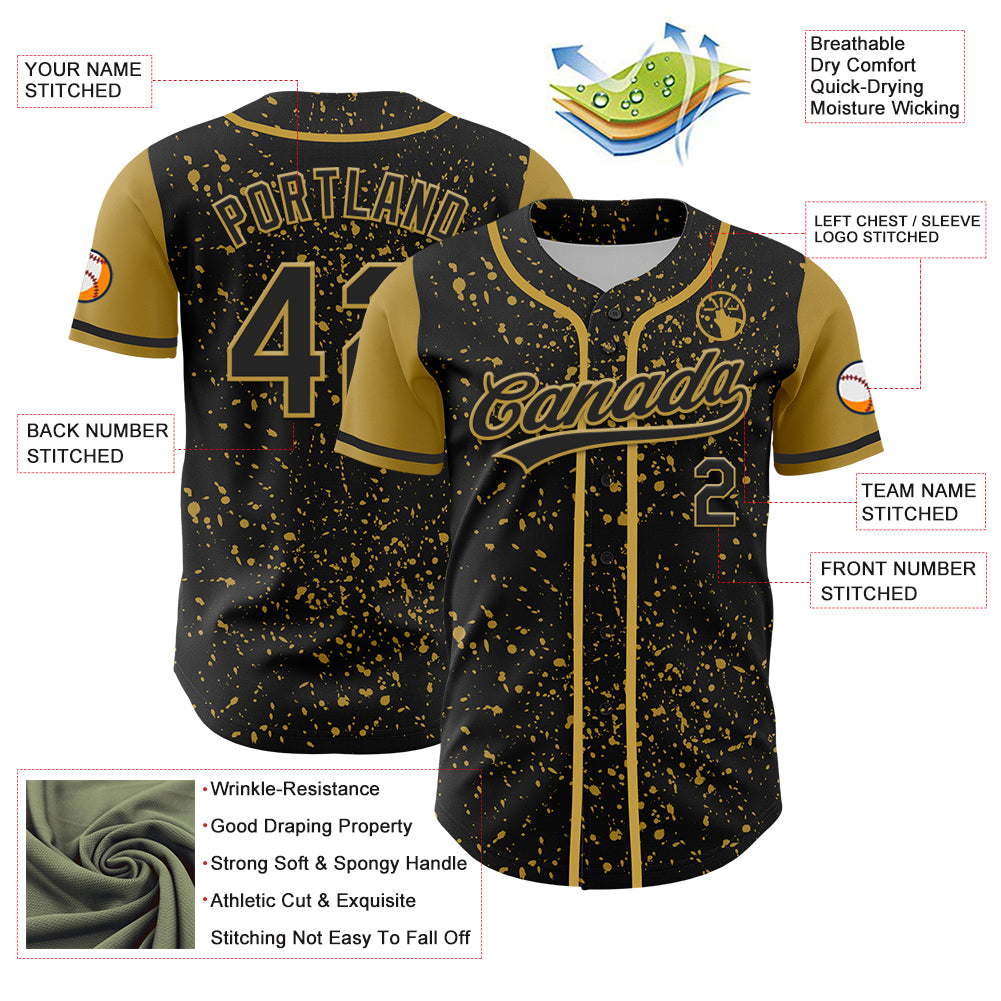 Custom Black Old Gold 3D Pattern Design Abstract Splatter Ink Authentic Baseball Jersey