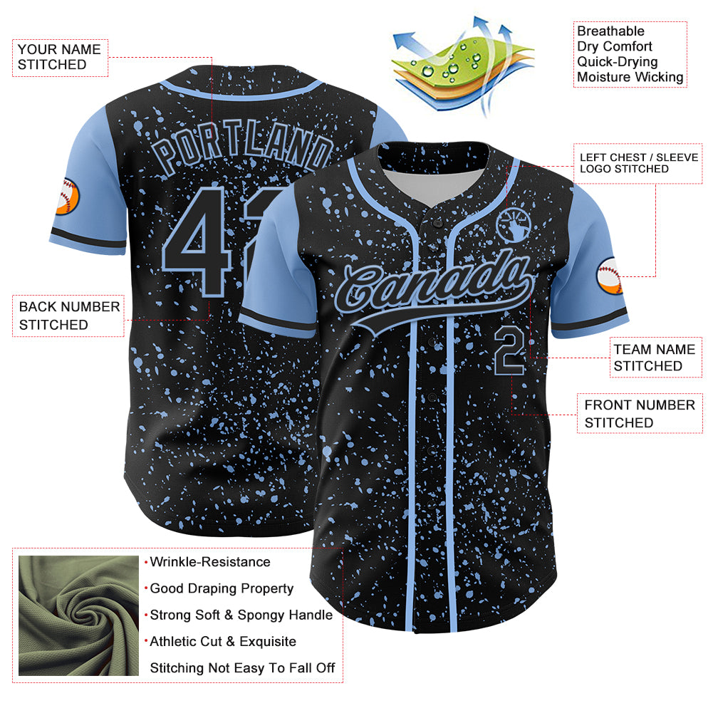 Custom Black Light Blue 3D Pattern Design Abstract Splatter Ink Authentic Baseball Jersey