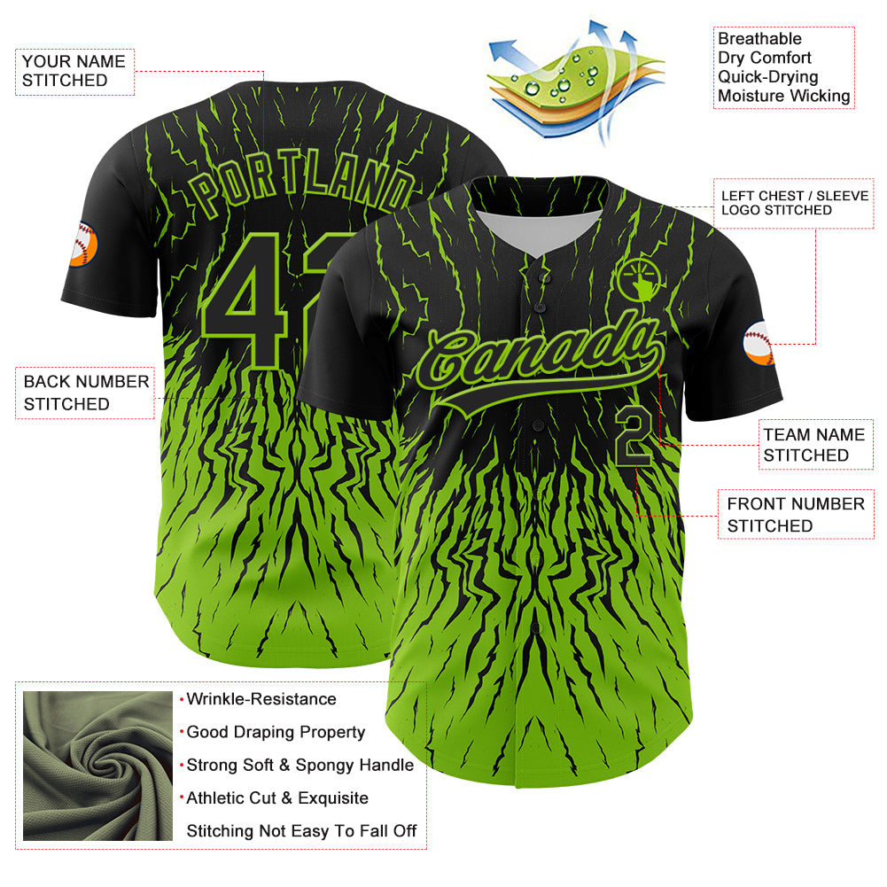 Custom Black Neon Green 3D Pattern Design Abstract Wave Authentic Baseball Jersey