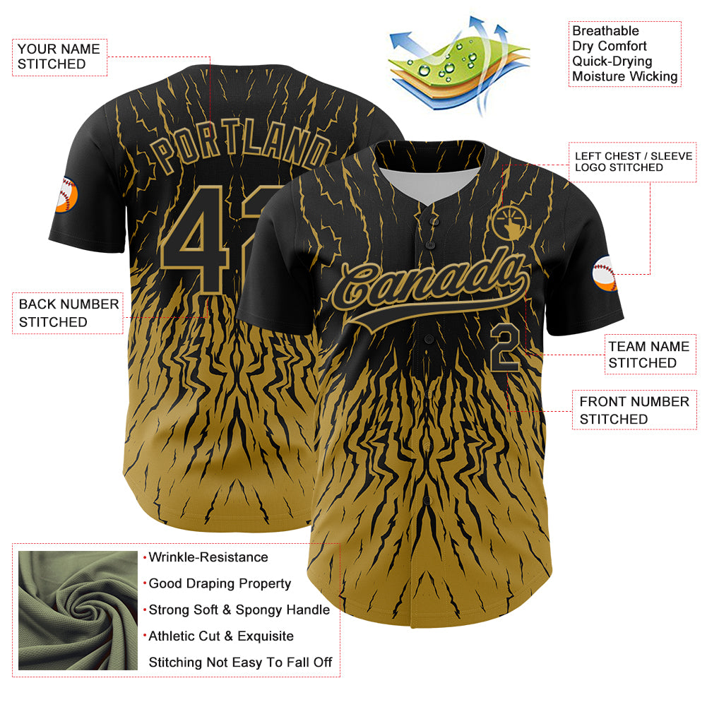 Custom Black Old Gold 3D Pattern Design Abstract Wave Authentic Baseball Jersey