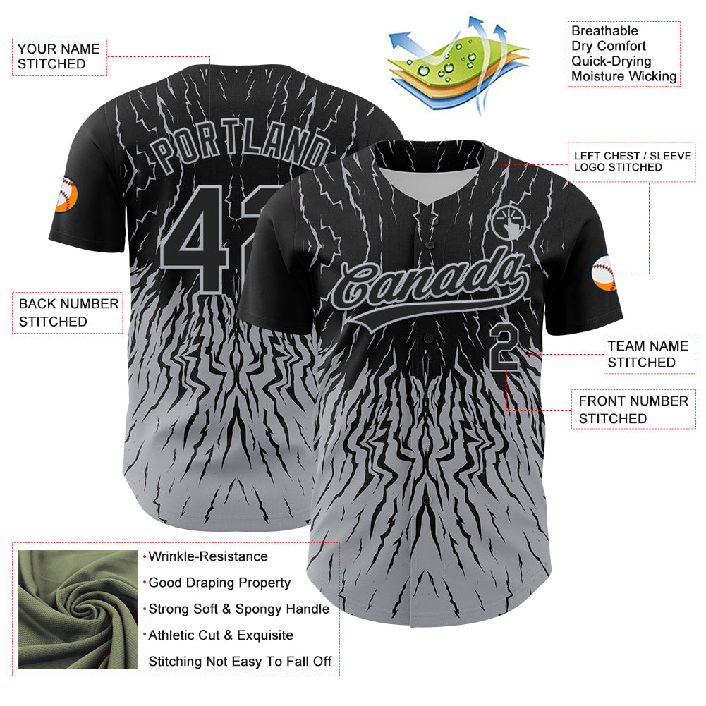 Custom Black Gray 3D Pattern Design Abstract Wave Authentic Baseball Jersey