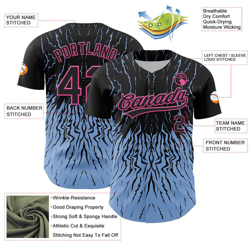 Custom Black Light Blue-Pink 3D Pattern Design Abstract Wave Authentic Baseball Jersey
