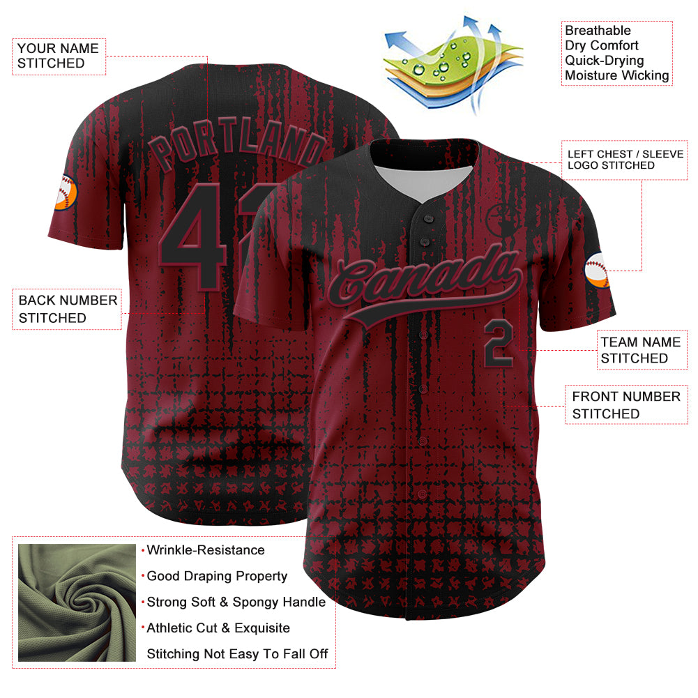 Custom Crimson Black 3D Pattern Design Abstract Shape Authentic Baseball Jersey