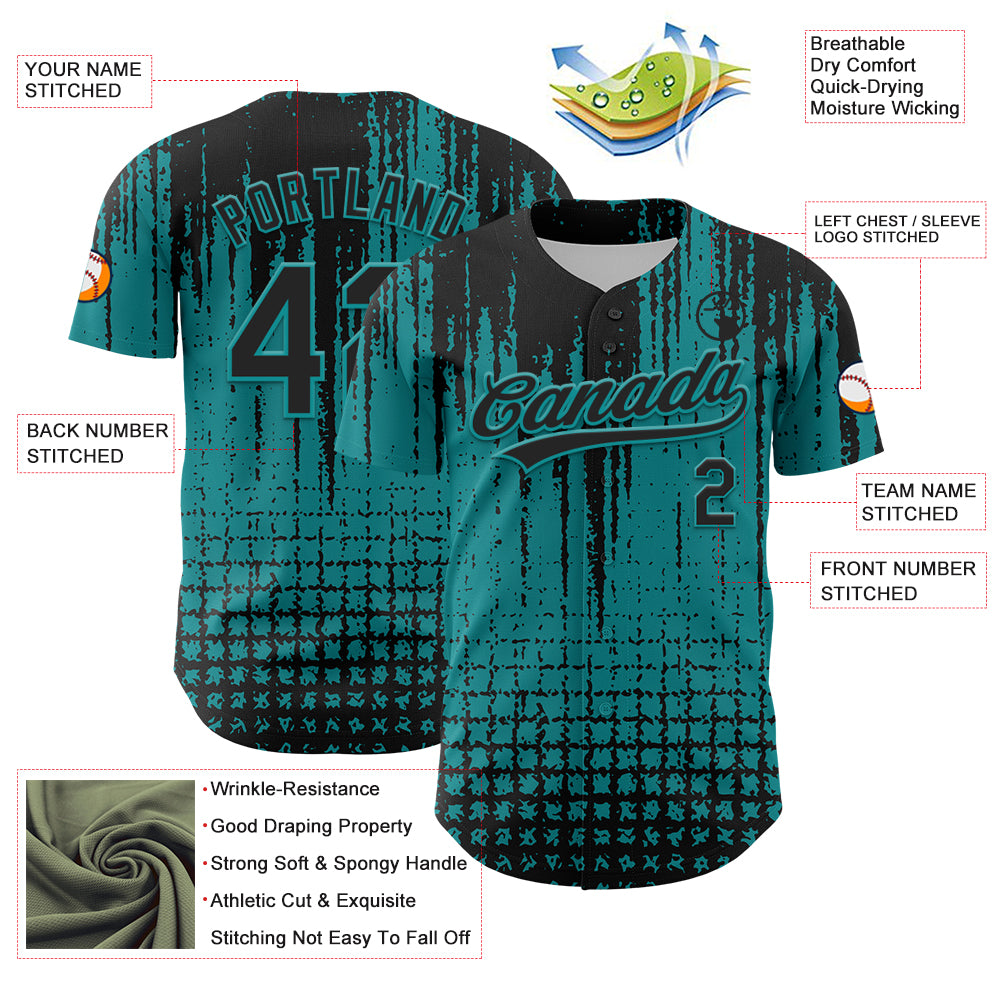 Custom Teal Black 3D Pattern Design Abstract Shape Authentic Baseball Jersey