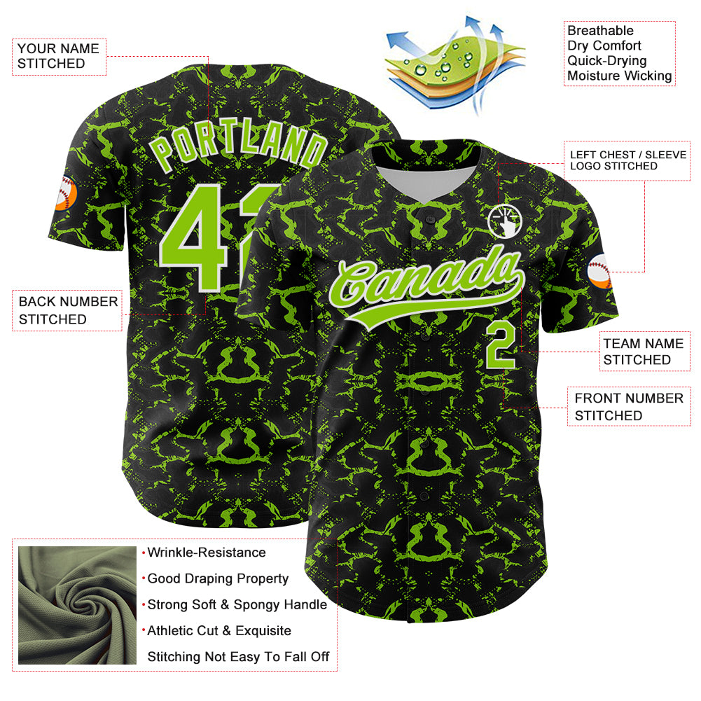 Custom Black Neon Green-White 3D Pattern Design Abstract Tiger And Zebra Authentic Baseball Jersey