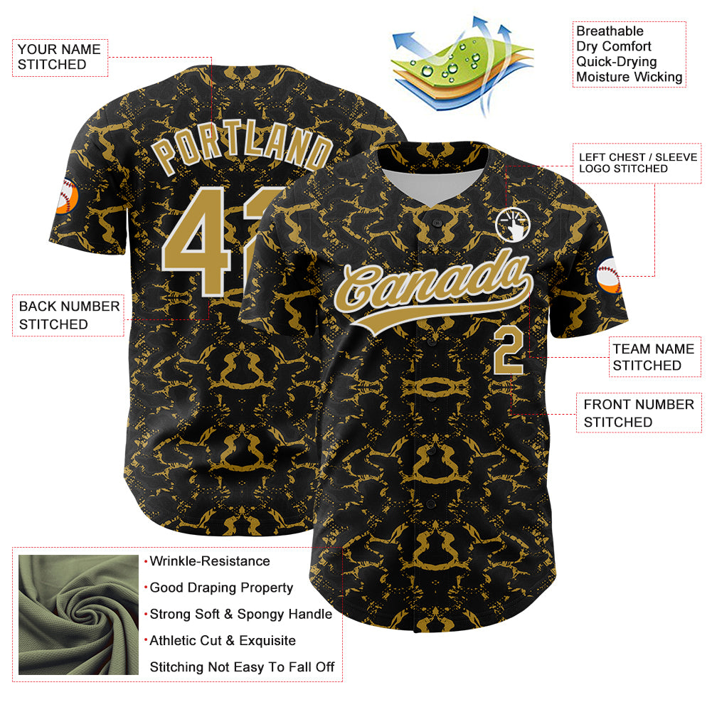 Custom Black Old Gold-White 3D Pattern Design Abstract Tiger And Zebra Authentic Baseball Jersey