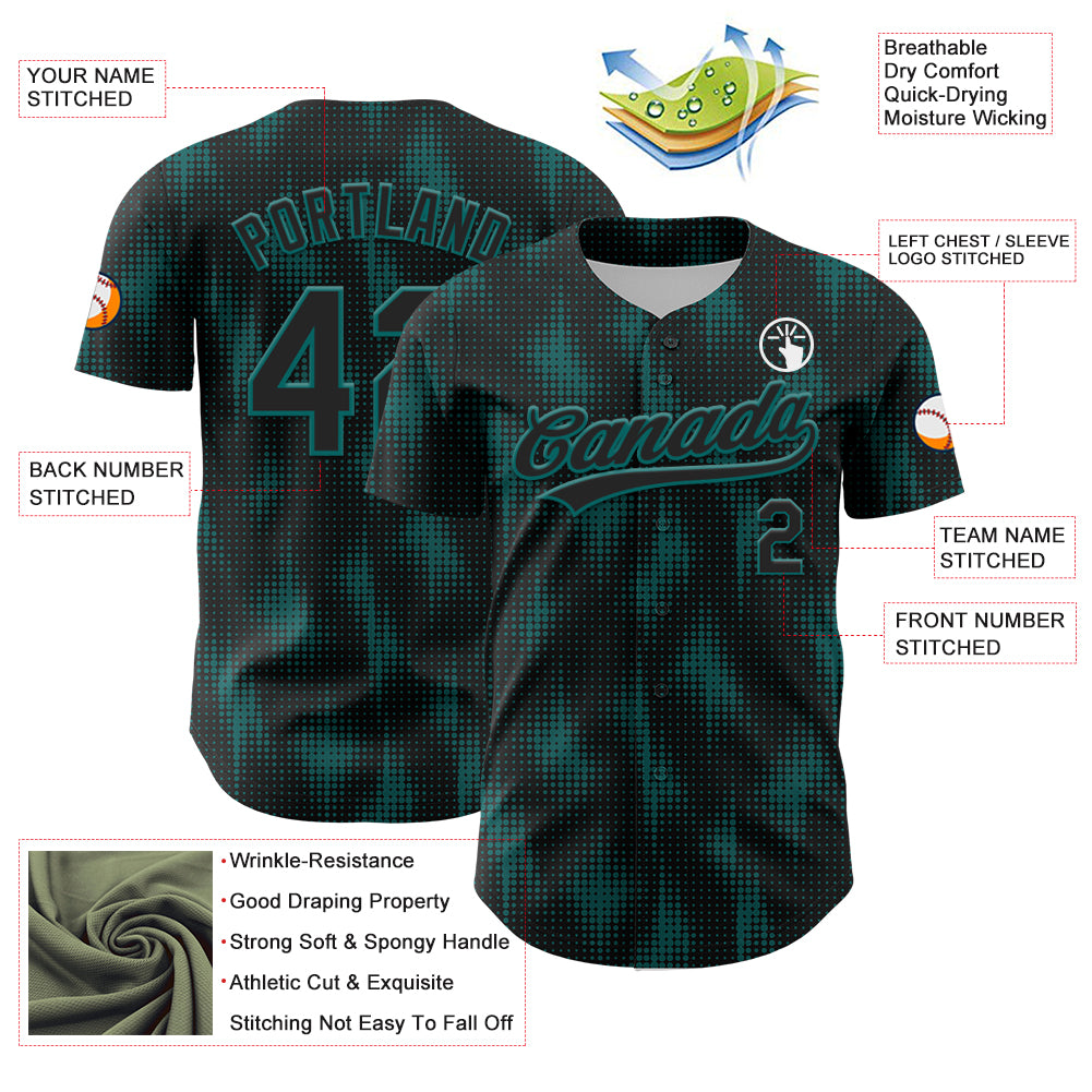 Custom Black Teal 3D Pattern Design Halftone Dots Authentic Baseball Jersey