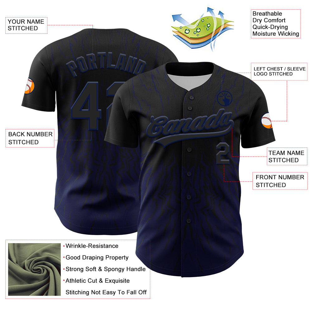 Custom Black Navy 3D Pattern Design Abstract Wave Authentic Baseball Jersey