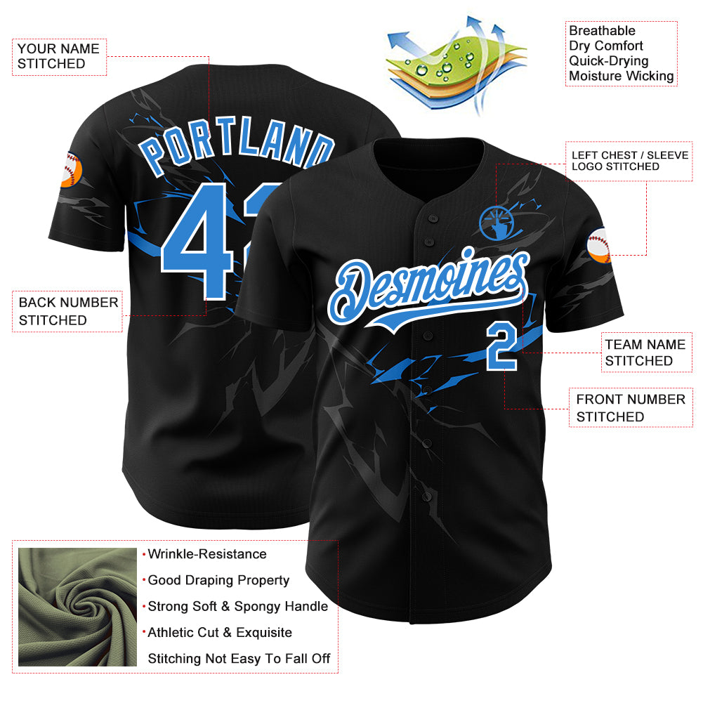 Custom Black Electric Blue-White 3D Pattern Design Lightning Authentic Baseball Jersey