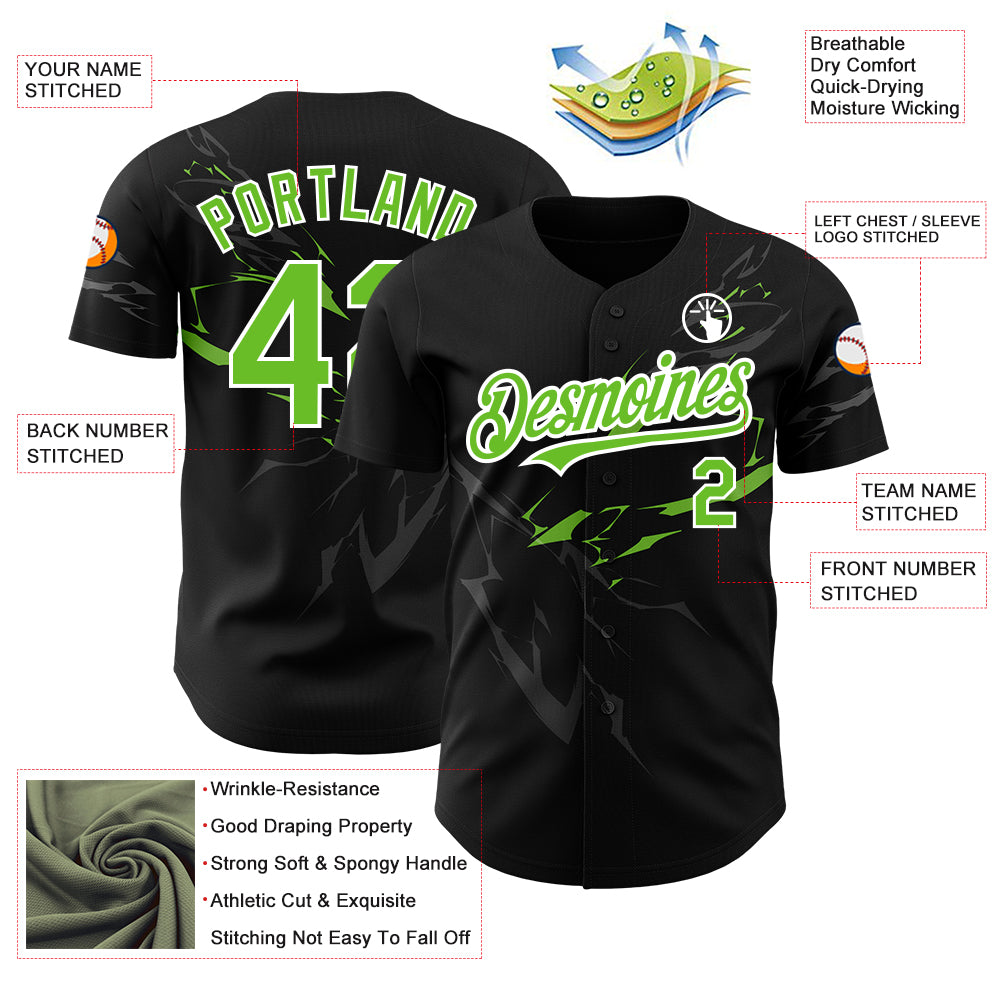 Custom Black Neon Green-White 3D Pattern Design Lightning Authentic Baseball Jersey