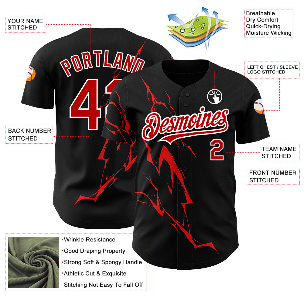 Custom Black Red-White 3D Pattern Design Lightning Authentic Baseball Jersey