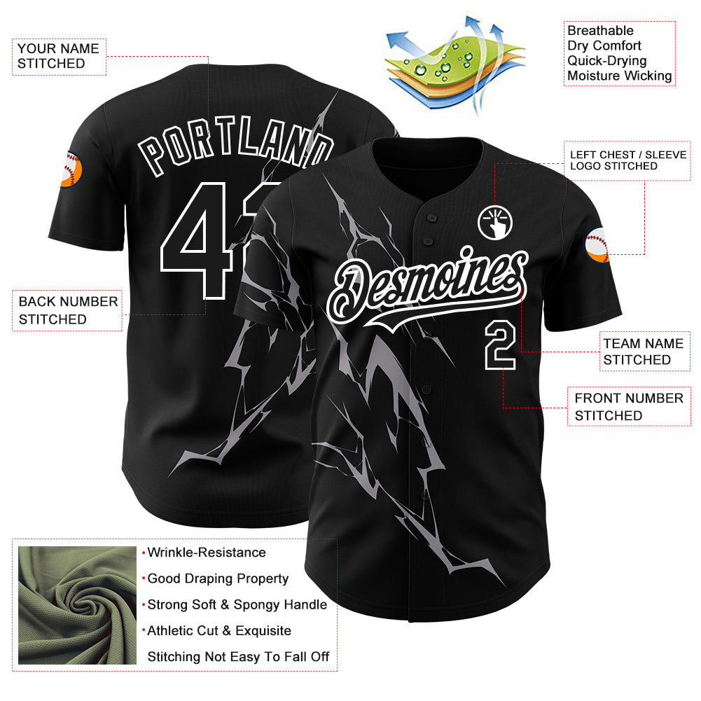 Custom Black Gray-White 3D Pattern Design Lightning Authentic Baseball Jersey