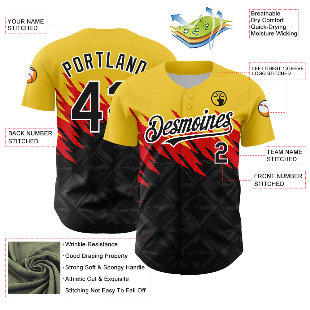 Custom Yellow Black-White 3D Pattern Design Abstract Shape Authentic Baseball Jersey