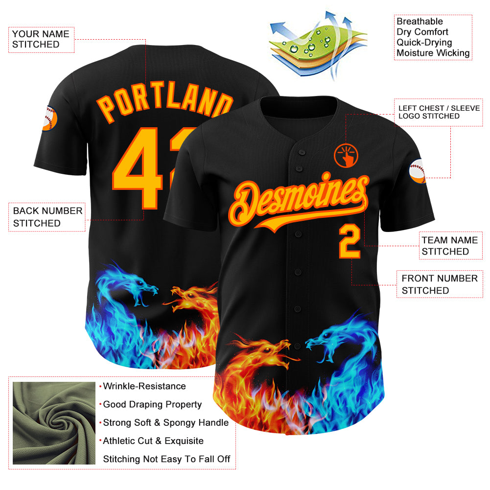 Custom Black Yellow-Orange 3D Pattern Design Fire Dragon Authentic Baseball Jersey