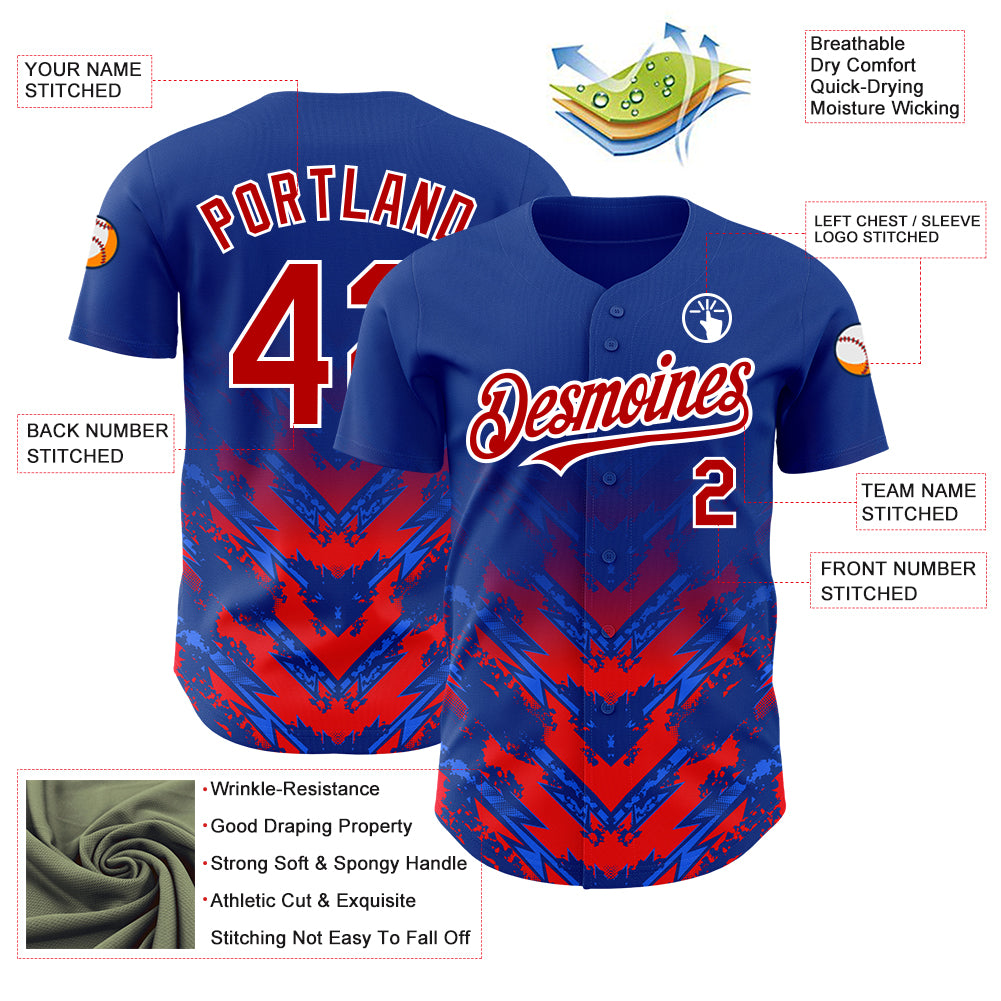Custom Thunder Blue Red-White 3D Pattern Design Abstract Arrow Authentic Baseball Jersey