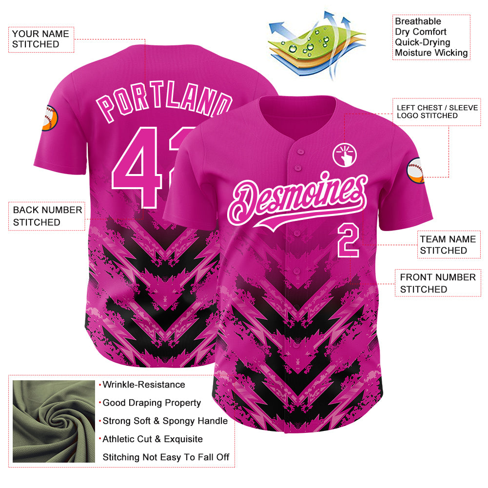 Custom Deep Pink Black-White 3D Pattern Design Abstract Arrow Authentic Baseball Jersey