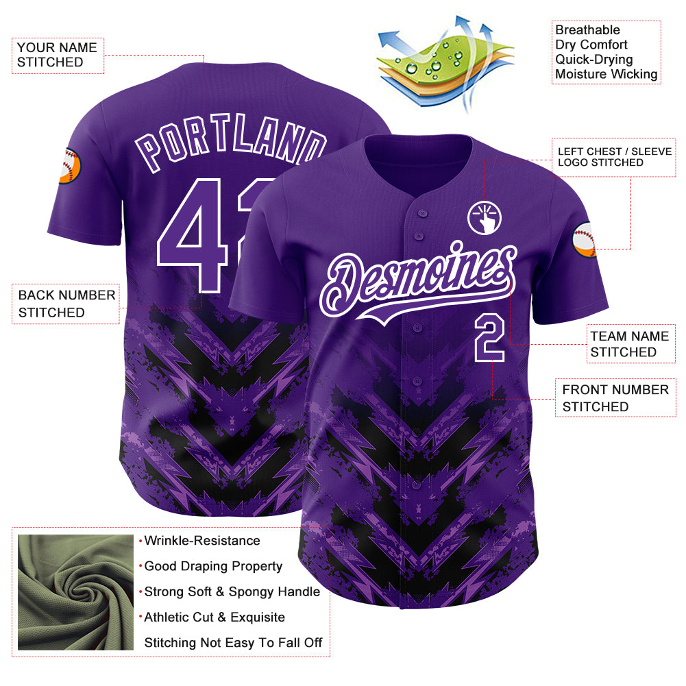 Custom Purple Black-White 3D Pattern Design Abstract Arrow Authentic Baseball Jersey