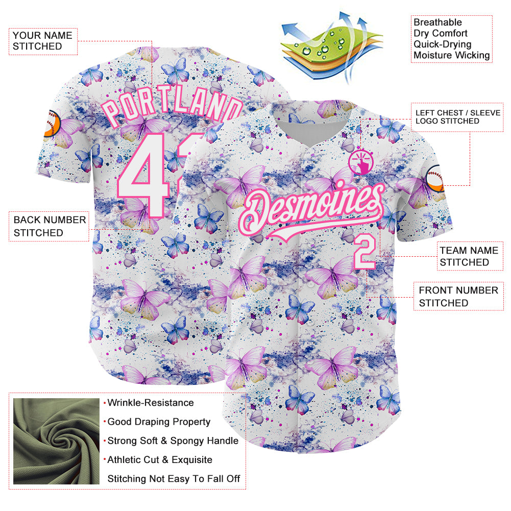Custom White Pink 3D Pattern Design Animal Butterfly Authentic Baseball Jersey