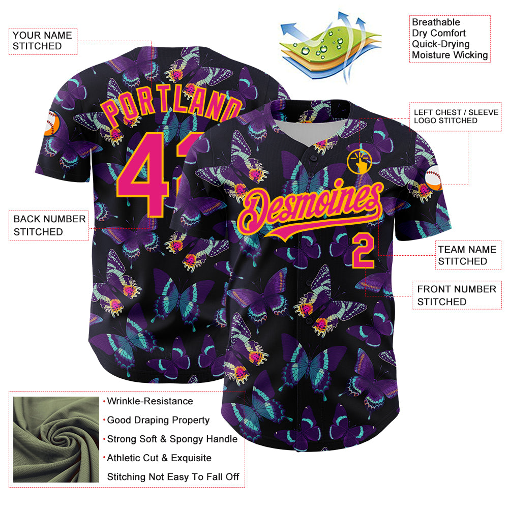Custom Black Hot Pink-Yellow 3D Pattern Design Animal Butterfly Authentic Baseball Jersey