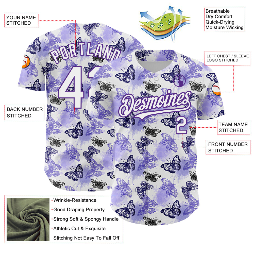 Custom White Purple 3D Pattern Design Animal Butterfly Authentic Baseball Jersey
