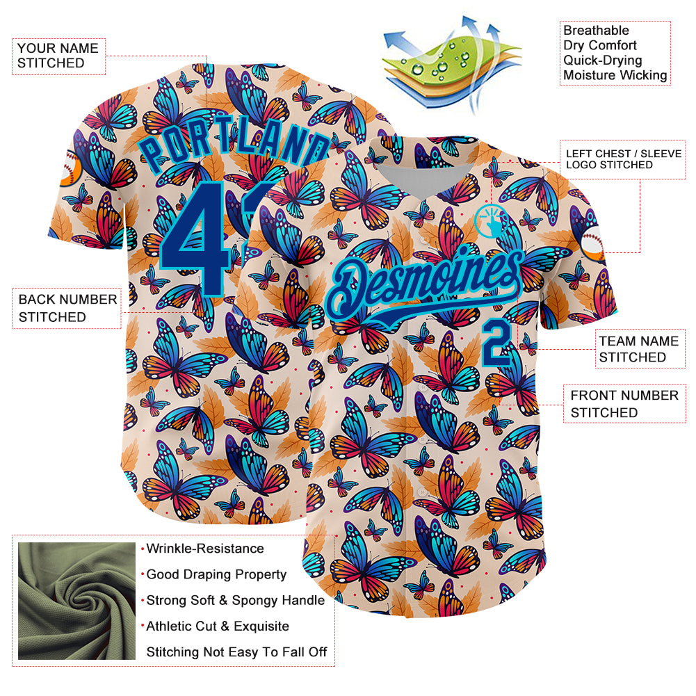 Custom Cream Royal-Lakes Blue 3D Pattern Design Animal Butterfly Authentic Baseball Jersey