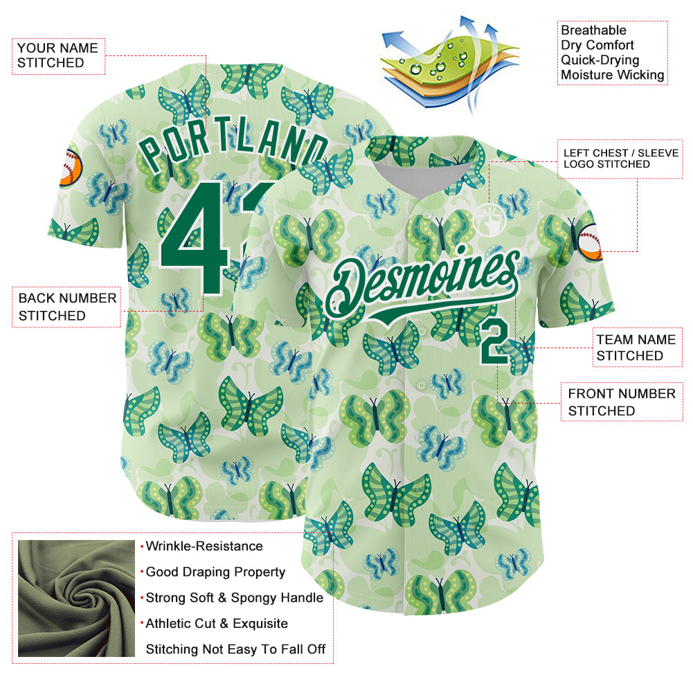 Custom White Kelly Green 3D Pattern Design Animal Butterfly Authentic Baseball Jersey