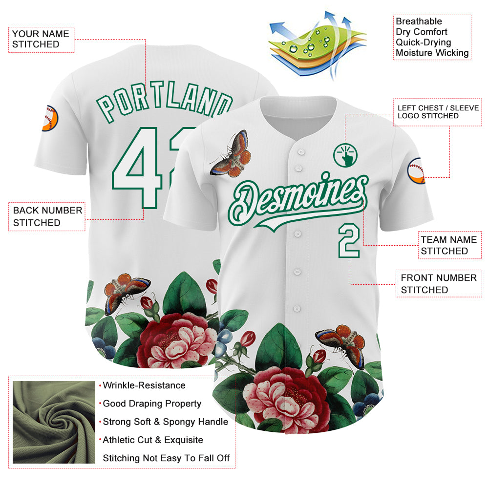 Custom White Kelly Green 3D Pattern Design Animal Butterfly And Flower Authentic Baseball Jersey