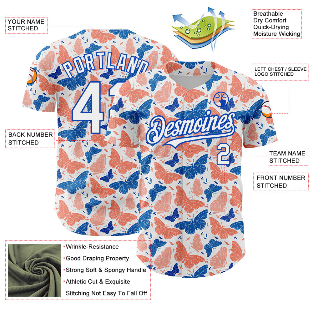 Custom White Royal 3D Pattern Design Animal Butterfly Authentic Baseball Jersey