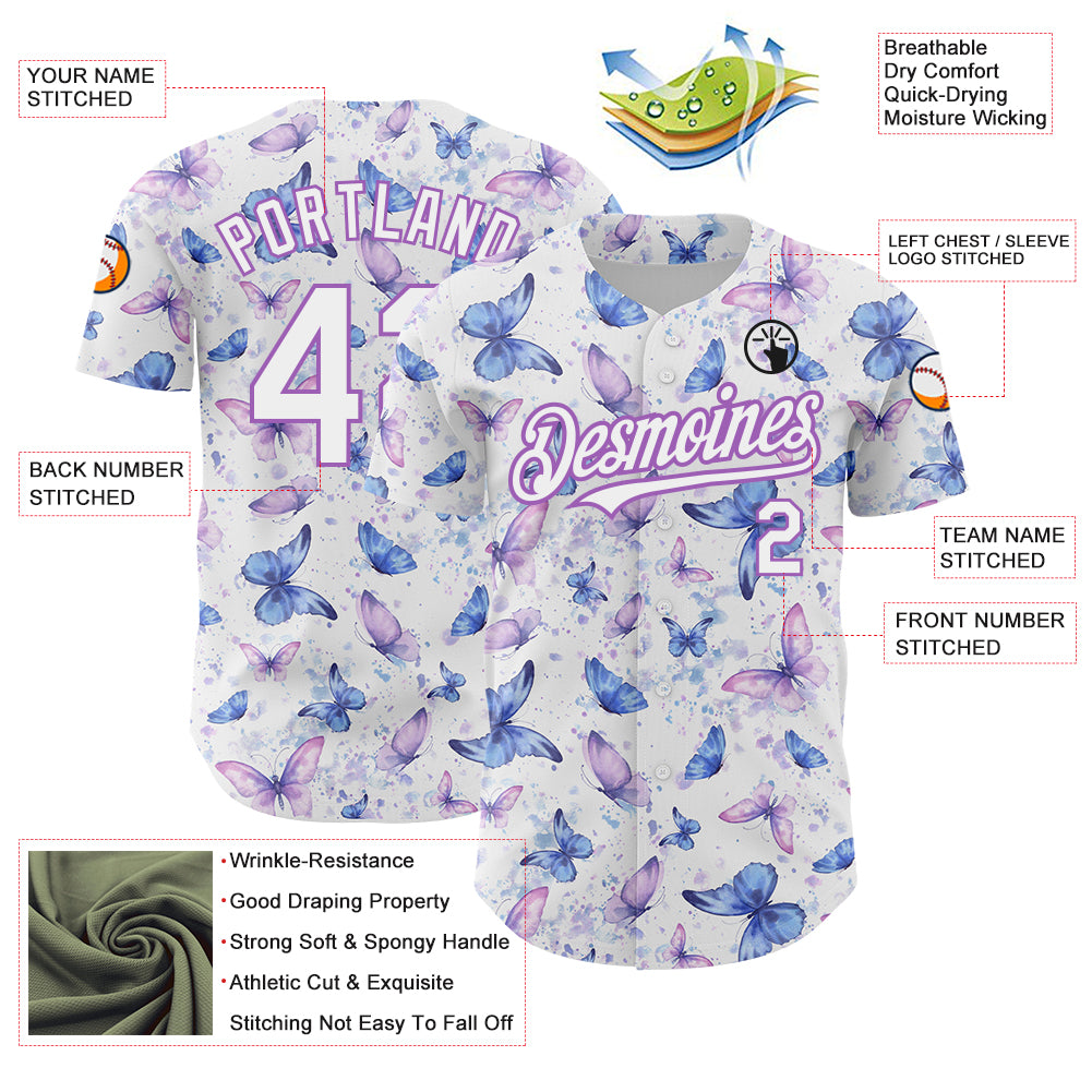 Custom White Medium Purple 3D Pattern Design Animal Butterfly Authentic Baseball Jersey